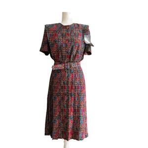 Vintage Leslie Fay Petite Dress Mixed Print Short Sleeve Belted Pleated 6P NEW